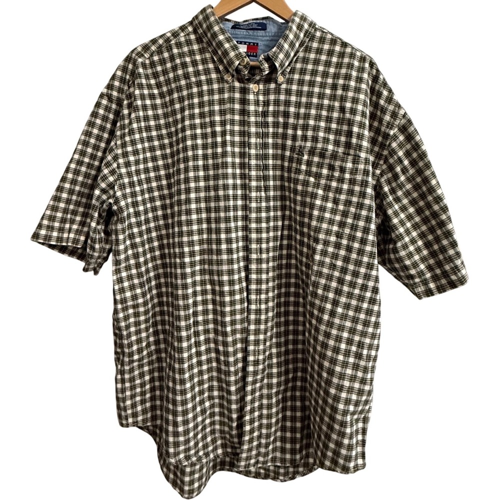 Tommy Hilfiger Mens XXL Plaid Short Sleeve Button Down Shirt Green White Cotton